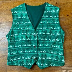 Vintage Christmas Vest, Green White, Deer in the Woods, Cotton, M Medium S Small
